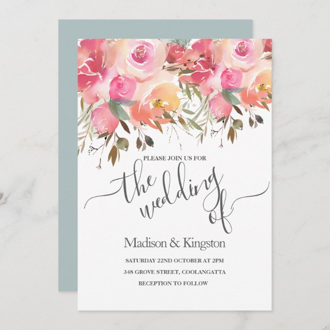 Pink Watercolor Floral Summer  Wedding Invitation (Front/Back)