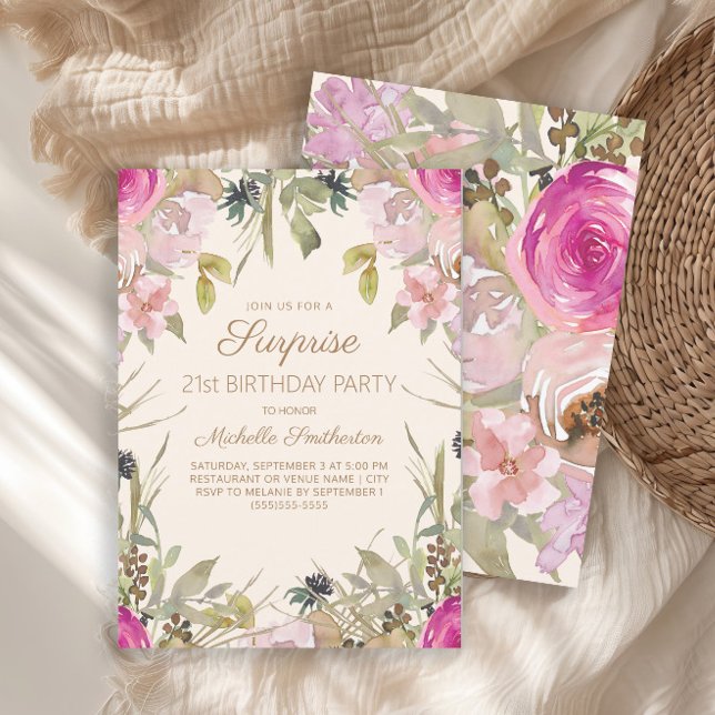 Pink Watercolor Floral Surprise 21st Birthday   Invitation (Elegant pink watercolor floral and sage green leaves surprise 21st birthday party invitation)