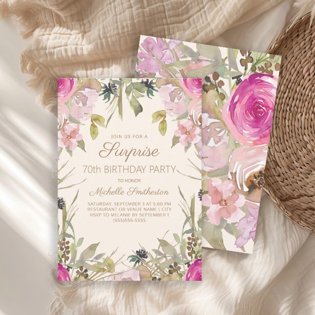 Pink Watercolor Floral Surprise 70th Birthday Invitation (Elegant pink watercolor floral and sage green leaves surprise 70th birthday party invitation)