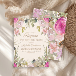 Pink Watercolor Floral Surprise 75th Birthday Invitation