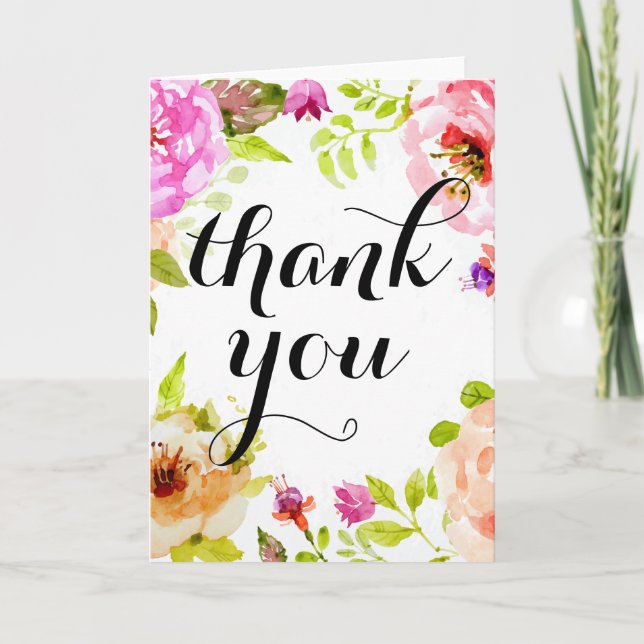 Pink Watercolor Floral Thank You Card (Front)