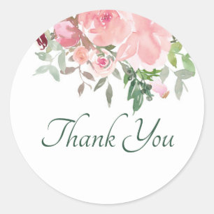 Pink watercolor floral thank you classic round st sticker