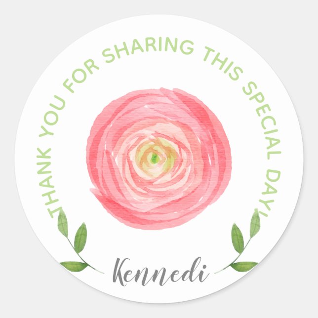 Pink Watercolor Floral Thank You Classic Round Sticker (Front)