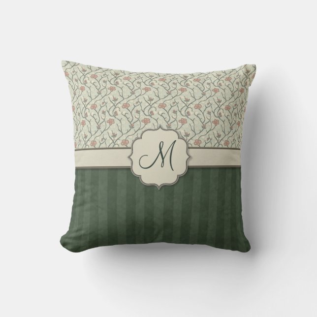 Pink Watercolor Floral Vines, Stripes and Monogram Cushion (Front)