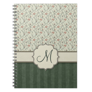 Pink Watercolor Floral Vines, Stripes and Monogram Notebook