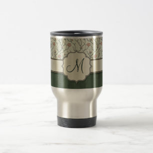 Pink Watercolor Floral Vines, Stripes and Monogram Travel Mug