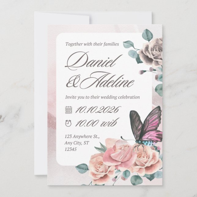 Pink watercolor floral wedding invitation (Front)