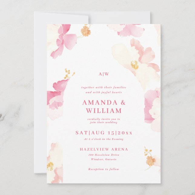 Pink watercolor floral Wedding Invitation (Front)