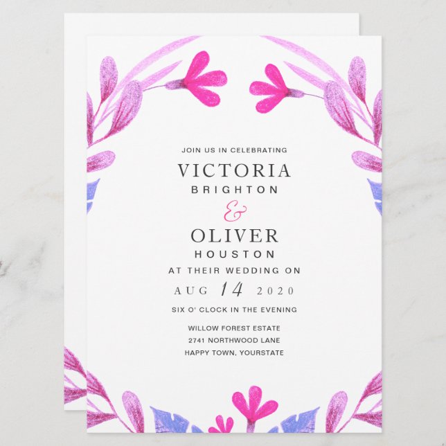 Pink Watercolor Floral Wedding Invitations (Front/Back)