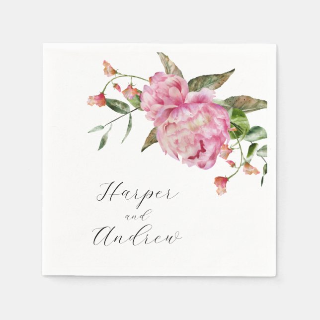Pink Watercolor Floral Wedding Napkin (Front)