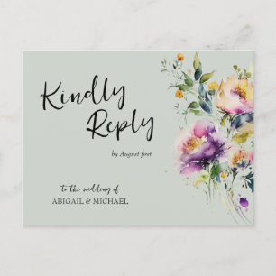 Pink Watercolor Floral Wedding RSVP Postcard