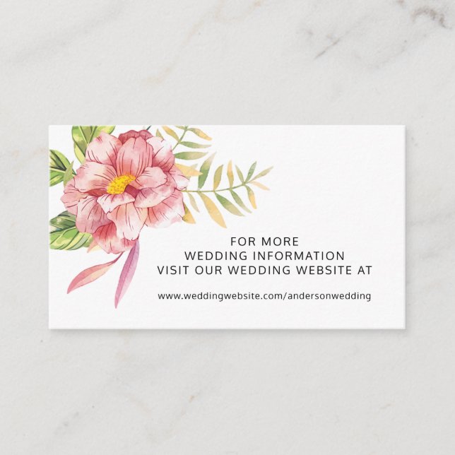 Pink Watercolor Floral Wedding Website Business Card (Front)