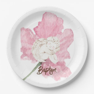 Pink Watercolor Floral White Child Angel Baptism  Paper Plate