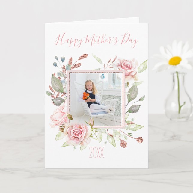 Pink Watercolor Floral with Photo Mother's Day Card (Small Plant)