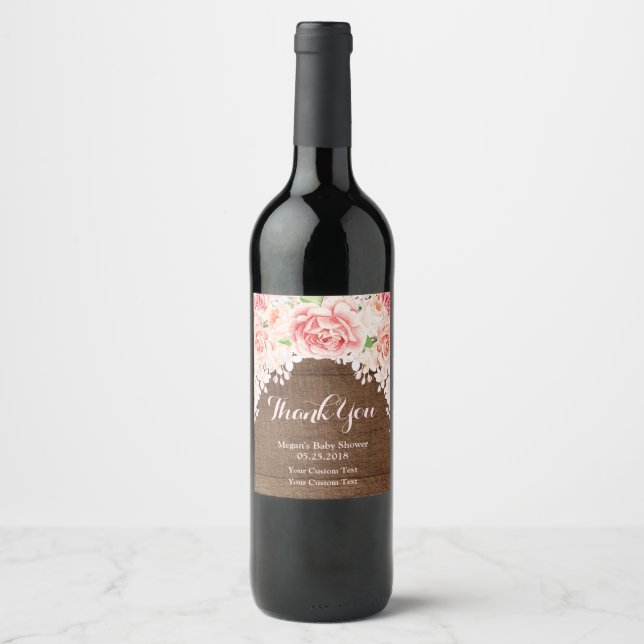 Pink Watercolor Floral Wood Baby Shower Label (Front)