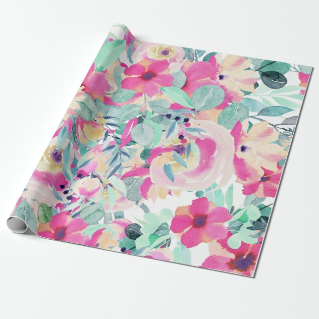 Pink Watercolor Floral Wrapping Paper (Unrolled)