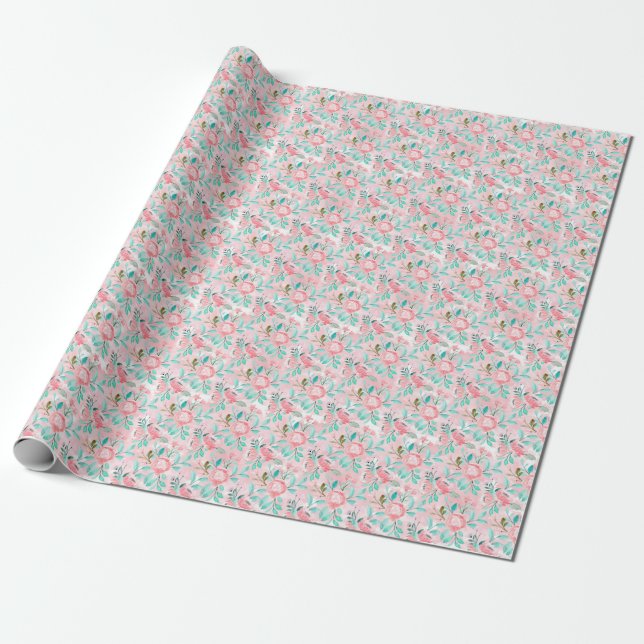 Pink Watercolor Floral Wrapping Paper (Unrolled)