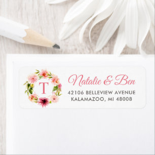 Pink Watercolor Floral Wreath Monogram Address