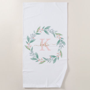 Pink Watercolor Floral Wreath Monogram Beach Towel