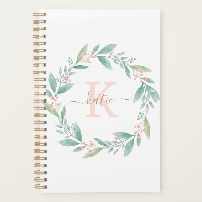 Pink Watercolor Floral Wreath Monogrammed Planner (Front)
