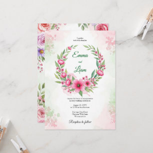 Pink Watercolor Floral Wreath Wedding Invitation