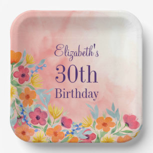 Pink Watercolor Florals 30th Birthday Paper Plate