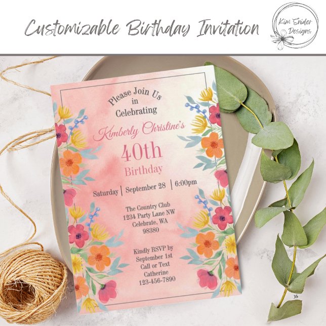 Pink Watercolor Florals 40th Birthday Invitation (Creator Uploaded)