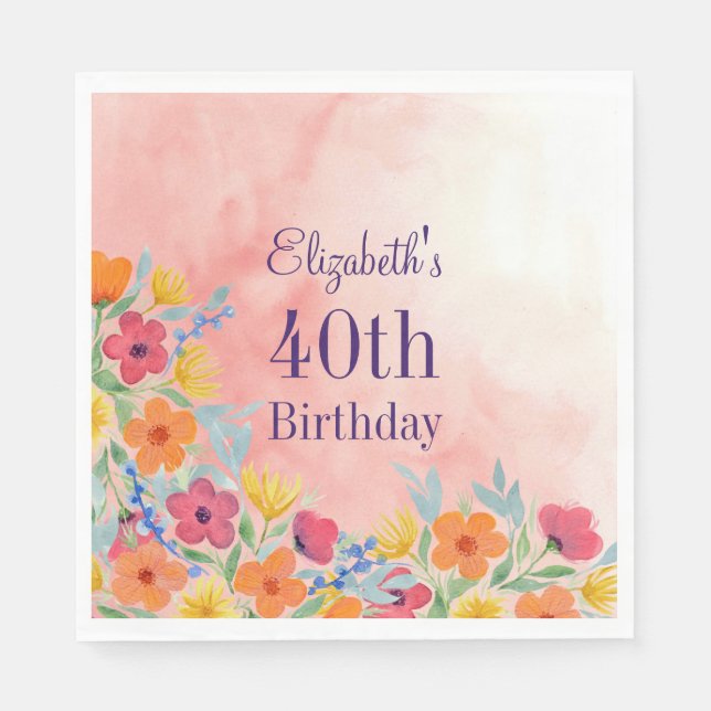 Pink Watercolor Florals 40th Birthday Napkin (Front)