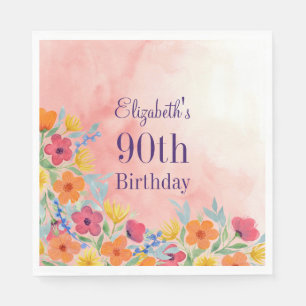 Pink Watercolor Florals 90th Birthday Napkin