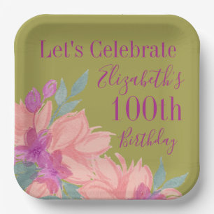Pink Watercolor Florals Customisable Birthday Paper Plate