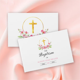 Pink watercolor florals, gold cross girl baptism guest book