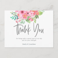 Pink Watercolor Florals Leaf Calligraphy Thank You