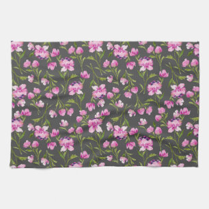 Pink Watercolor Florals on Grey Kitchen Towel