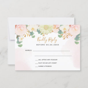 Pink watercolor florals white Wedding RSVP Card