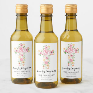 Pink Watercolor Flower Cross First Holy Communion Wine Label