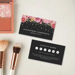 Pink Watercolor Flower Diamond Glitter Salon Black Loyalty Card
