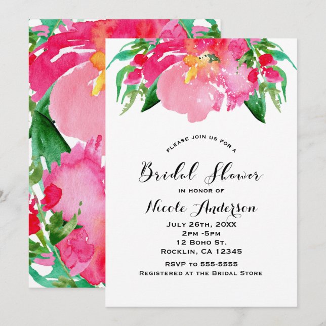 Pink Watercolor Flower Floral Summer Bridal Shower Invitation (Front/Back)