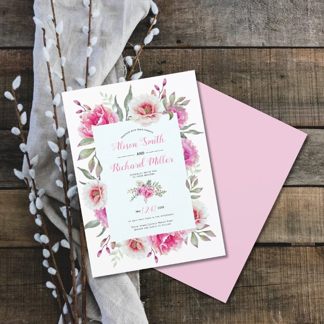 Pink watercolor flower frame floral wedding invitation (Creator Uploaded)