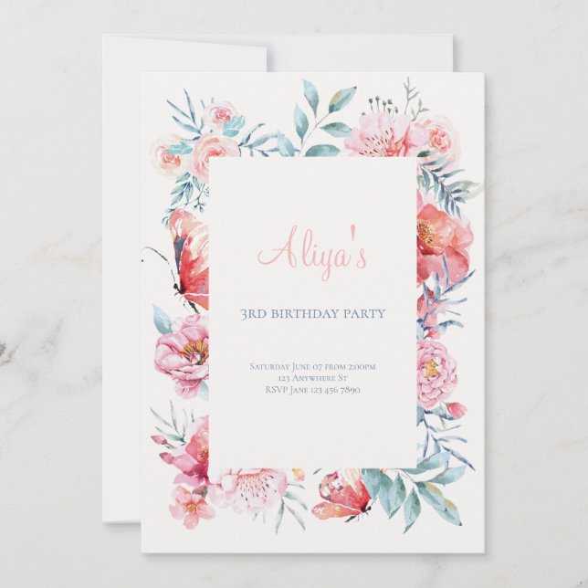 Pink watercolor flower Girls Birthday Party Invitation (Front)