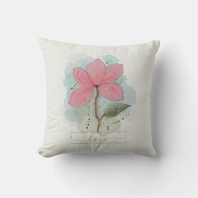 Pink Watercolor Flower Love Throw Pillow (Front)