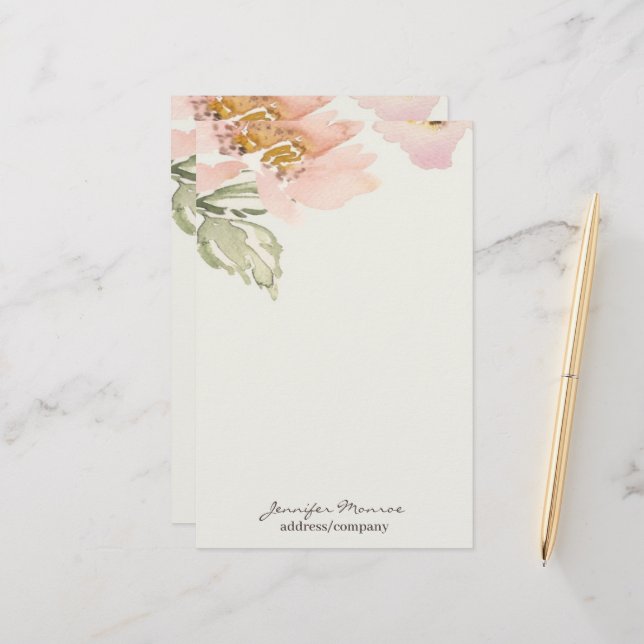 Pink watercolor flower personalised stationery (Front/Back In Situ)