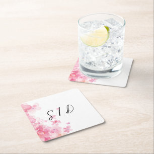 Pink watercolor flower square paper coaster