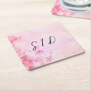 Pink watercolor flower square paper coaster
