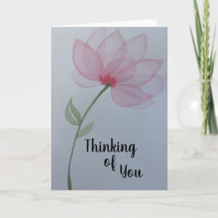 Pink watercolor flower thinking of you blank insid card
