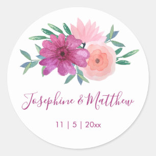 Pink Watercolor Flower Wedding Classic Round Sticker