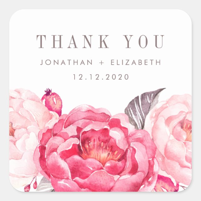 Pink Watercolor Flower Wedding Favour Thank Sticke Square Sticker (Front)
