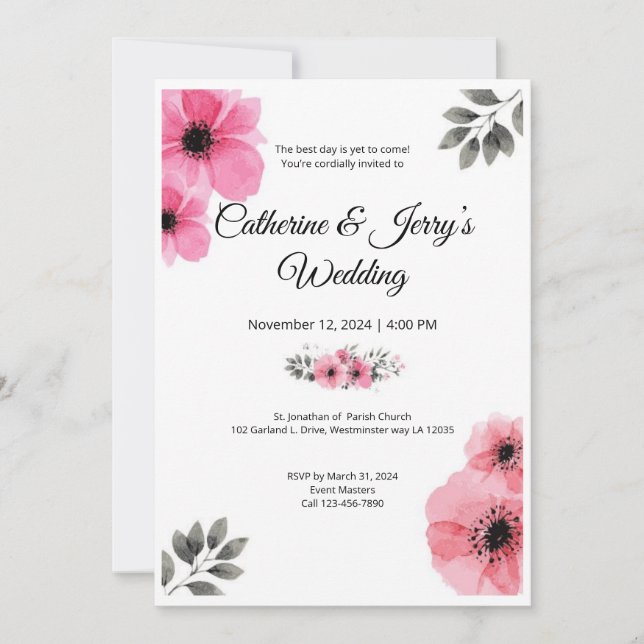 Pink watercolor flower wedding invitation card (Front)