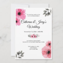 Pink watercolor flower wedding invitation card