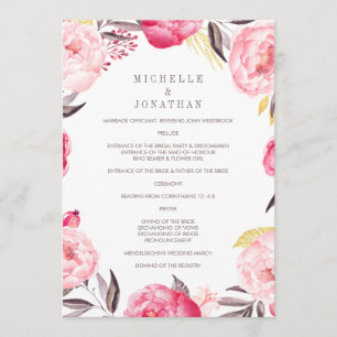 Pink Watercolor Flower Wreath Wedding Program Programme