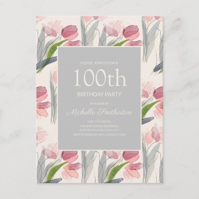 Pink Watercolor Flowers 100th Birthday Women Postcard (Front)